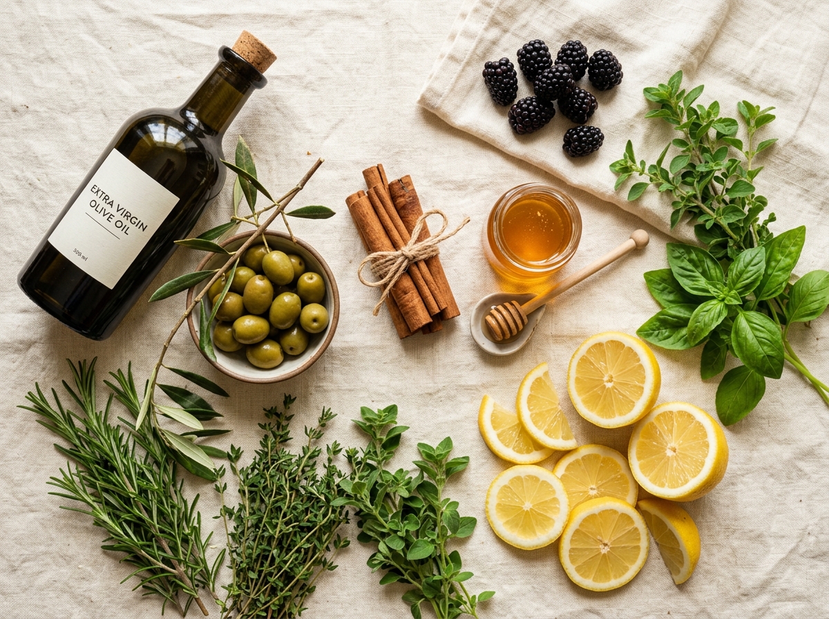 Mediterranean healthy food ingredients: olive oil, cinnamon, honey, blackberries and herbs
