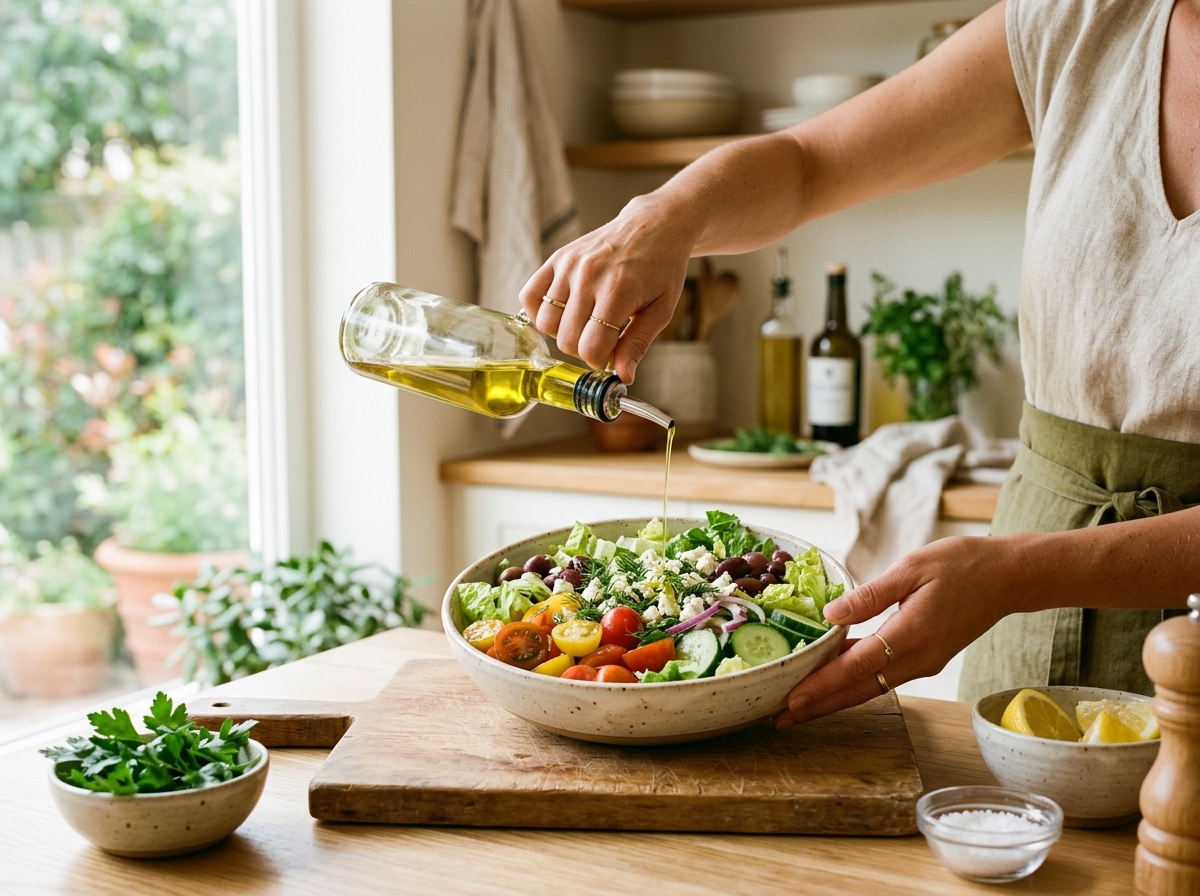 Person preparing a healthy Mediterranean meal with fresh vegetables and olive oil in a bright kitchen